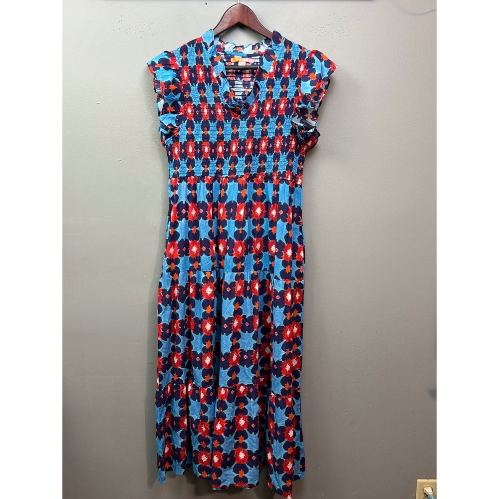 Briton Court Dress Womens‎ MD Blue Red Cotton Smocked Tiered Maxi Floral Pockets